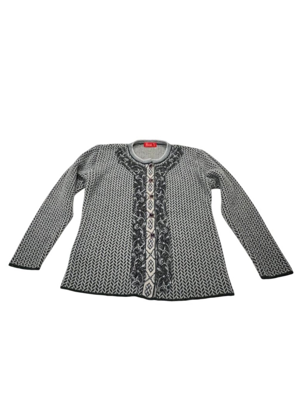 Saachi Knit Chevron Pattern Fair Isle Inspired Button Cardigan, Ivory Gray, M